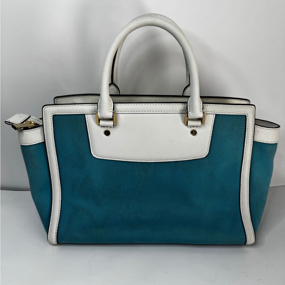Michael Kors Selma Large Top Zip Summer Blue Canvas/Leather Satchel Bag - Picture 3 of 15